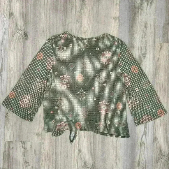 Ruby Rd Knot Front Waffle Knit Top 3/4 Sleeve Green Pattern Shirt Size XL Petite - Picture 7 of 7